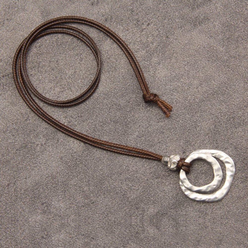Handmade Bohemian Multi Layer Circular Silver Pendant Rope Necklace NEW - Picture 3 of 6